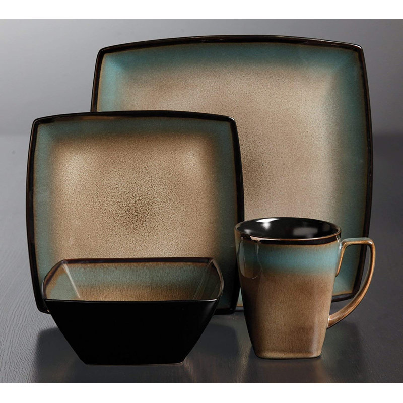 Tequesta Taupe and Teal 16-Piece Square Ceramic Dinnerware Set