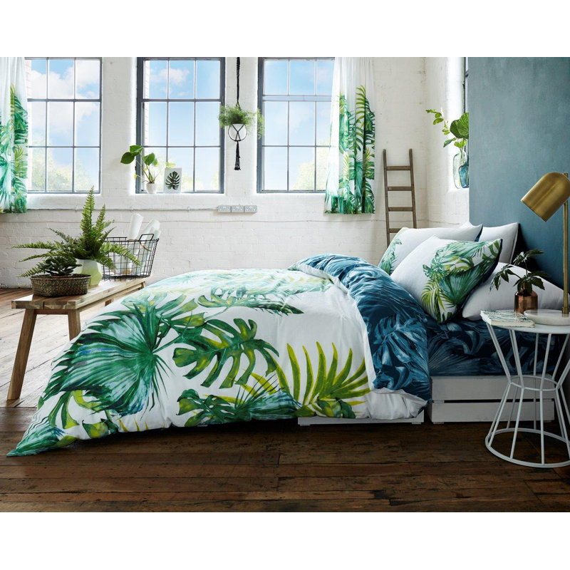 Tropical Leaf Print Duvet Cover Set with Matching Pillowcases - Polycotton Bedding, Super King