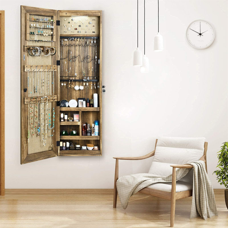 Armoire à bijoux rétro noire carbonisée avec miroir, serrure et support réglable