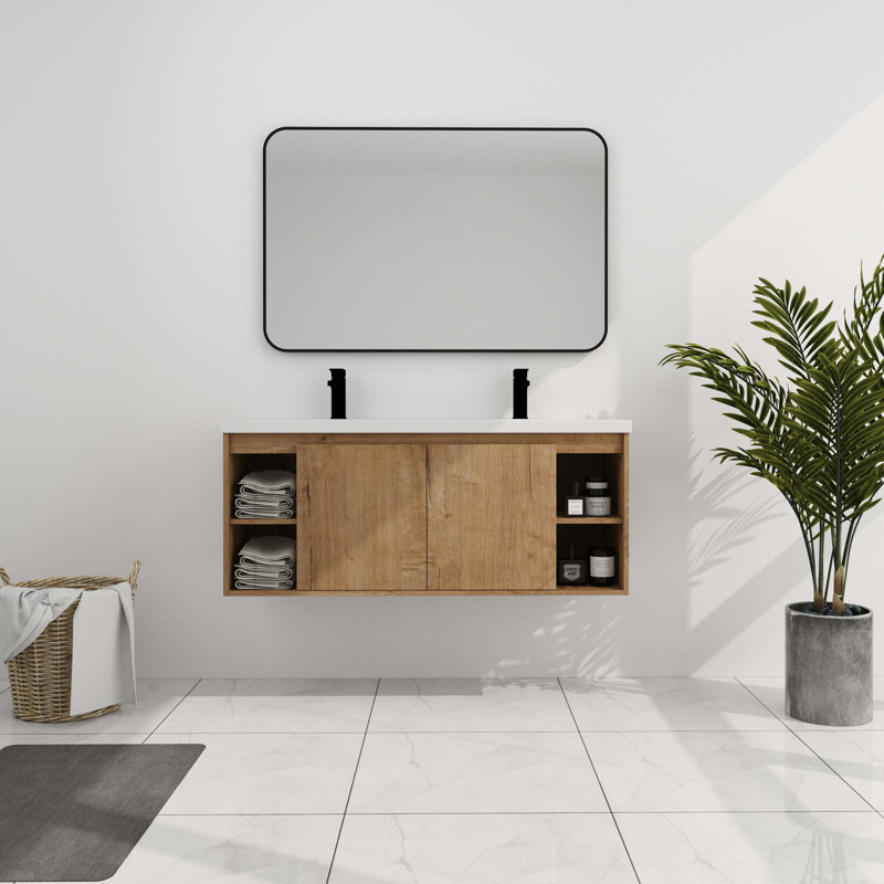 Meuble-lavabo mural 48 po avec lavabo double, charnière de porte à fermeture en douceur