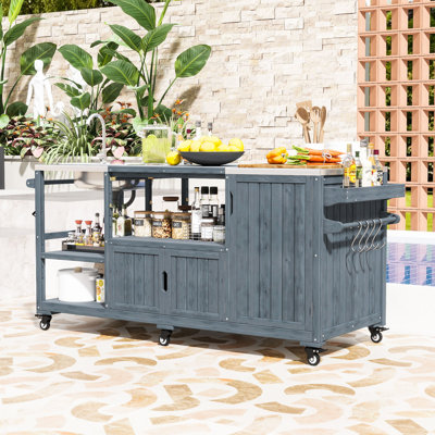 Fir Wood Outdoor Grill Cart with Stainless Steel Top, Sink, Lockable Wheels and Adjustable Shelves