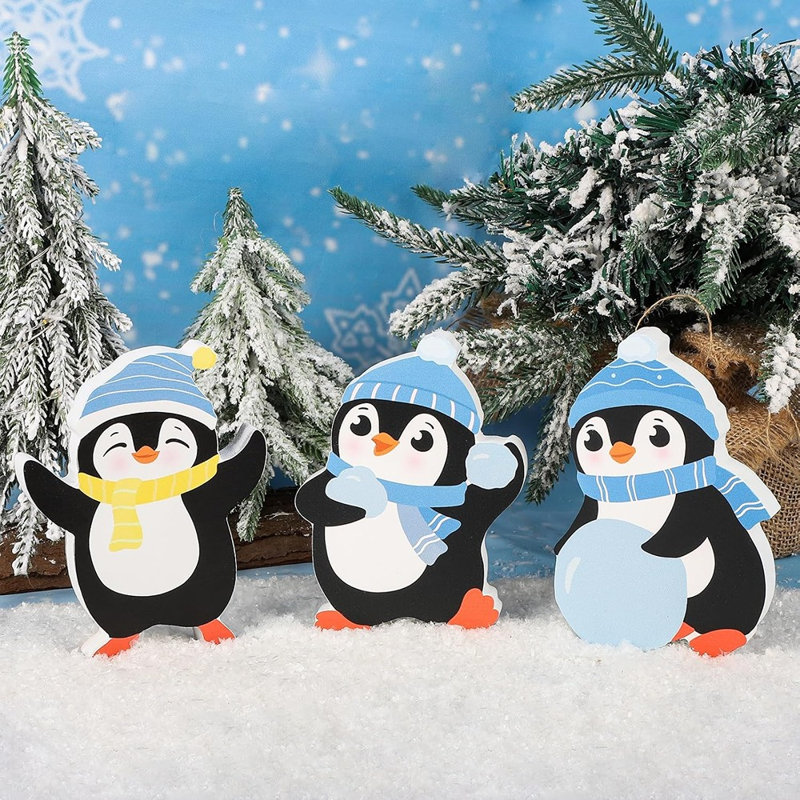 Décoration de Noël pingouin en bois - bleu clair - ensemble de 3, décorations de plateau / plateau de table à plusieurs niveaux, style Fêtes / Fêtes