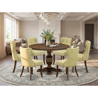 7-Piece Dining Table Set - Modern Dining Table and 6 Limelight Color Parson Dining Room Chairs with Button Tufted Back - Distressed Jacobean Finish