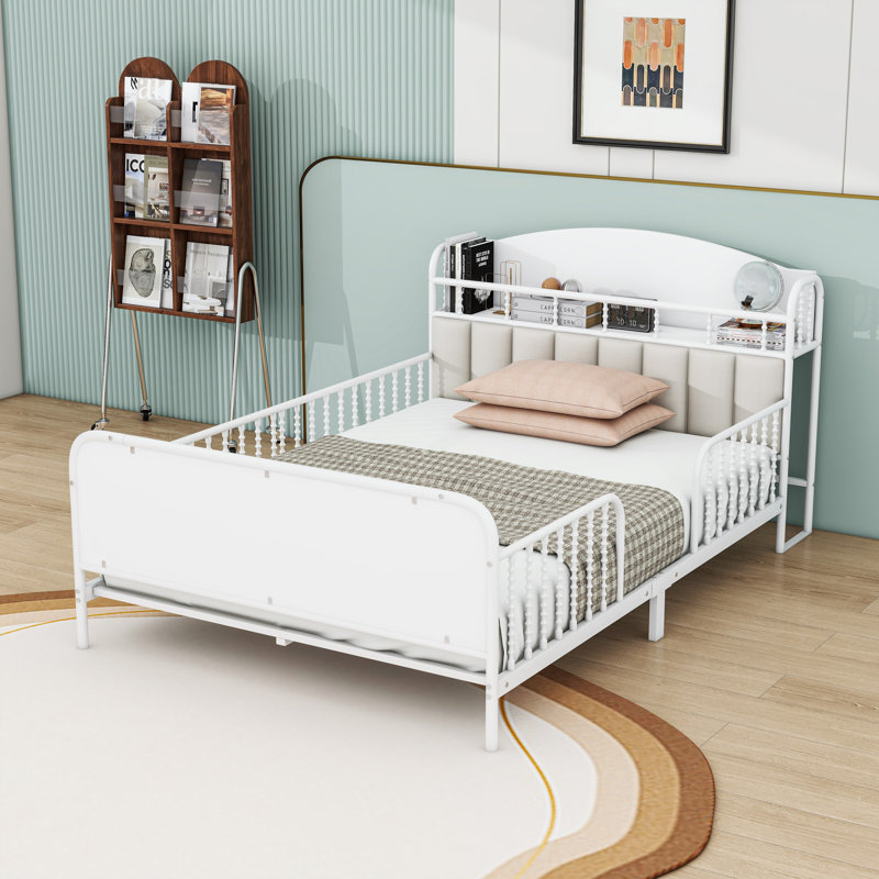 Platform Bed With Multicolor LED Strip, Safety Guardrails, And Storage Shelf, Full, White