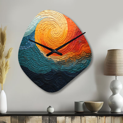 Teal Orange Op Art Rhythmic Illusion III - Op Art Unique Shape Metal Wall Clock, Teal Asymmetrical Clock Print