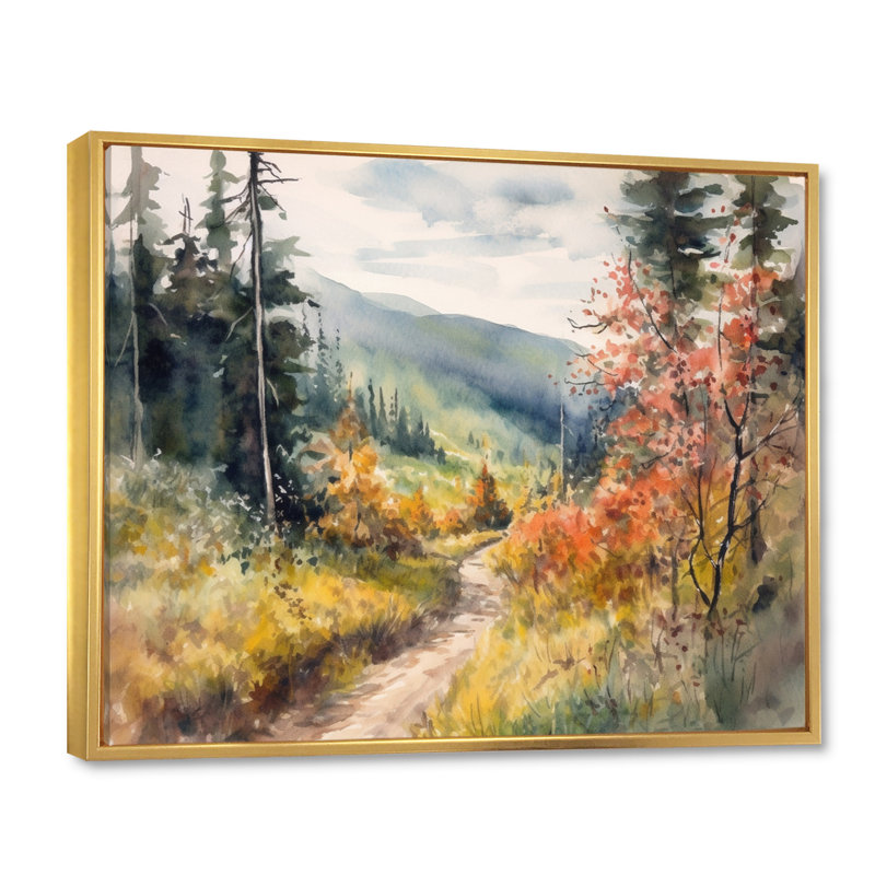 Petite route dans un paysage de montagne VII - forêt, art mural, H 30 po x l 40 po x P 1,5 po, Cadre flottant doré