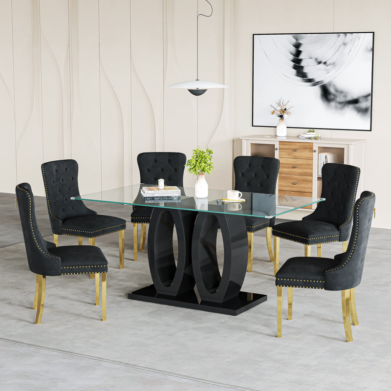 Dining Set, Black, Black/Gold, 7 Pieces: Table, 6 Chairs