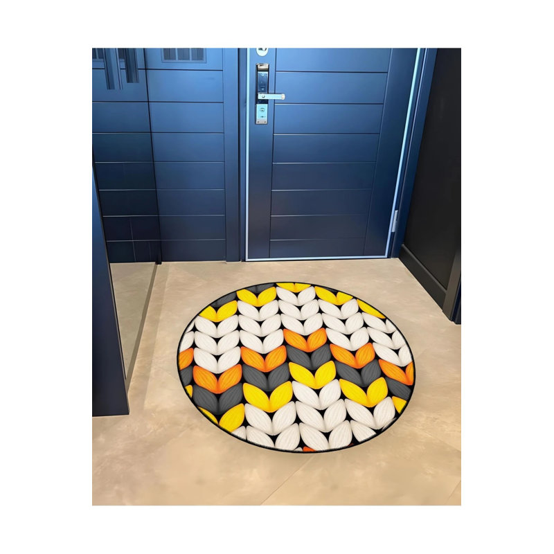 Knitted Look Orange Yellow Detailed Woven Base Modern Decorative Carpet, Round 4'