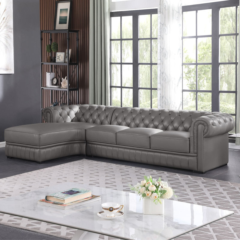 Ensemble de canapé de salon en cuir véritable 89 pièces 2 pièces 89 po, Gris, Orienté à droite