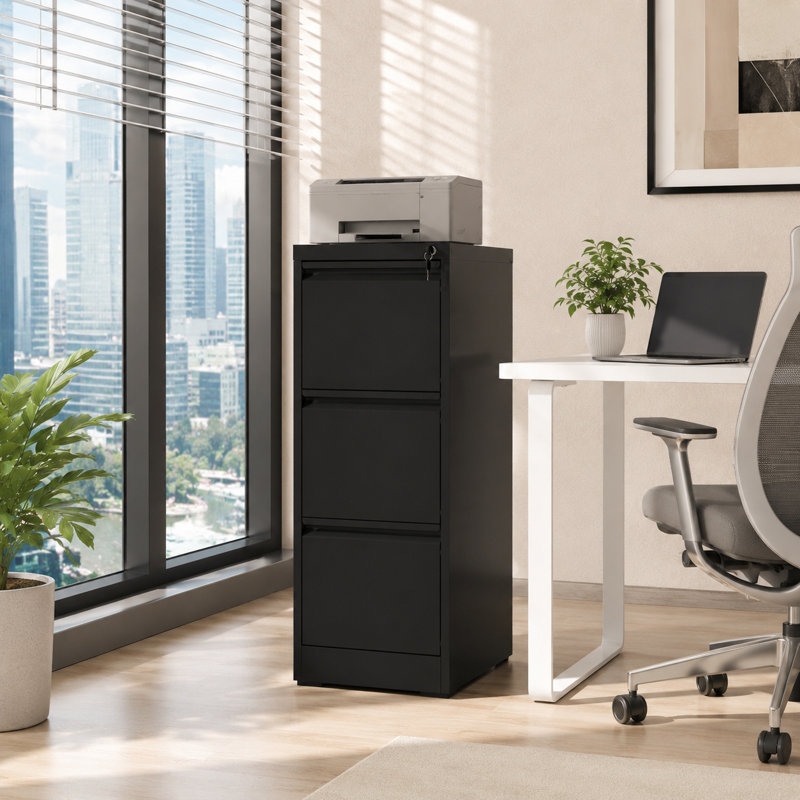 Black 3-Drawer Vertical Metal File Cabinet with Lock, Full Extension Drawers for Letter Legal A4 Files, Black