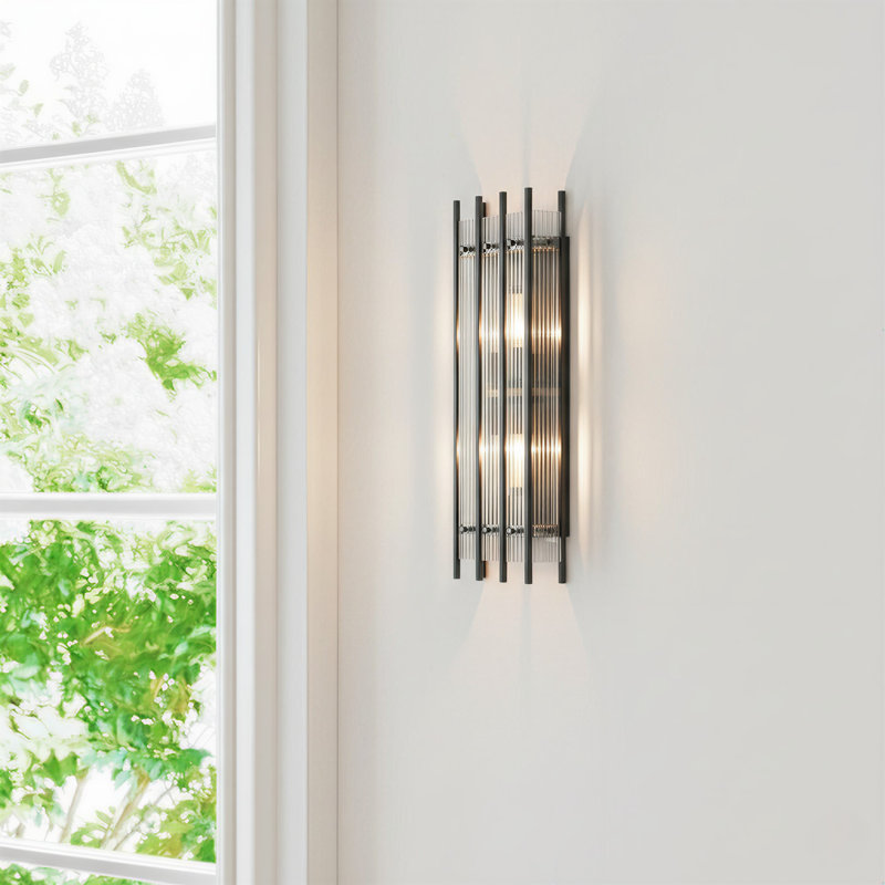 2 - Light 25" Modern Rectangular Ribbed Glass Wall Sconces For Living Room, Matte Black