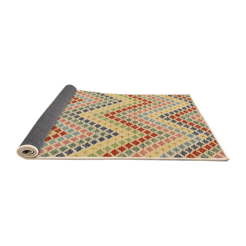 Tapis contemporain rouge / bleu / beige, Rond 5 pi