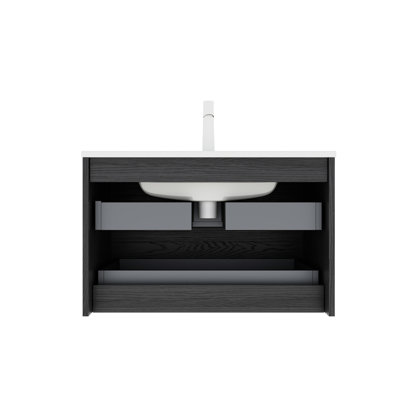 Armoire de salle de bain 30 po avec couvercle de trou d'évier, contreplaqué, cuve en céramique blanche, 2 tiroirs, meuble-lavabo en chêne foncé, 30 po, armoire flottante, contreplaqué, finition, siphon