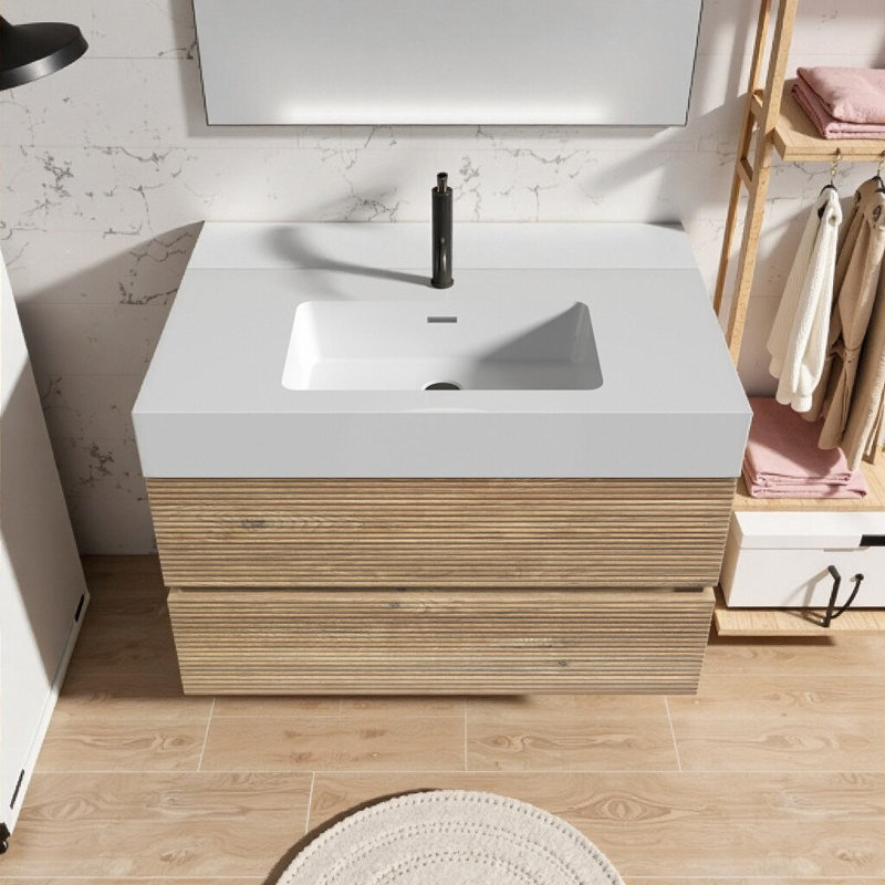 Meuble-lavabo flottant Mid-Century avec tiroirs à double fermeture en douceur et cuve à quartz, 36"