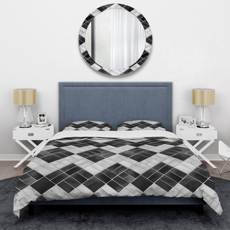 Black Herringbone Print - Transitional Duvet Cover Set, King Duvet Cover + 2 King Shams
