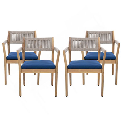 Ensemble de 4 chaises de salle à manger en bois d'acacia tressé - aspect teck avec corde beige et coussins bleu marine, meubles de patio toutes saisons pour le jardin, la piscine et la cour (durables et élégants)