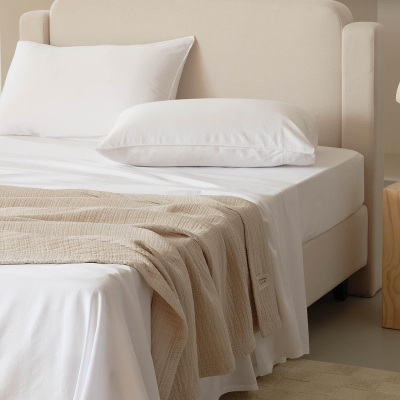 Double Stitch Sheet - Luxury Cotton Tencel Eucalyptus Bed Sheets Deep Pocket, 4 Pc Soft Hotel Bedding Set Cooling Breathable, 1 Fitted Sheet & 1 Flat Sheet & Pillowcases