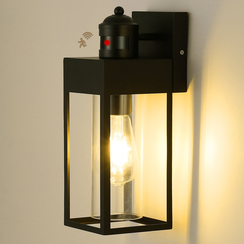 Motion Sensor Outdoor Wall Sconce, Rectangular Metal Frame With Tempered Glass Shade, Waterproof Exterior Lantern For Garage Entryway Yard