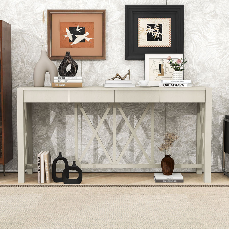 60-Inch Wood Console Table with Spacious Drawers, X-Leg Design, Beige