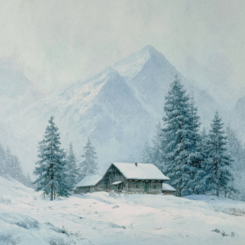 «Chalet in Winter Mist», art mural sur toile tendue, H 20 po x l 20 po