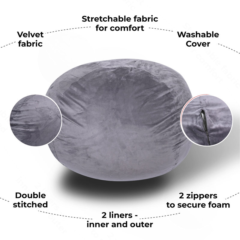 Fauteuil à billes Minky, 39" H x 56" W x 56" D, Velours gris velours
