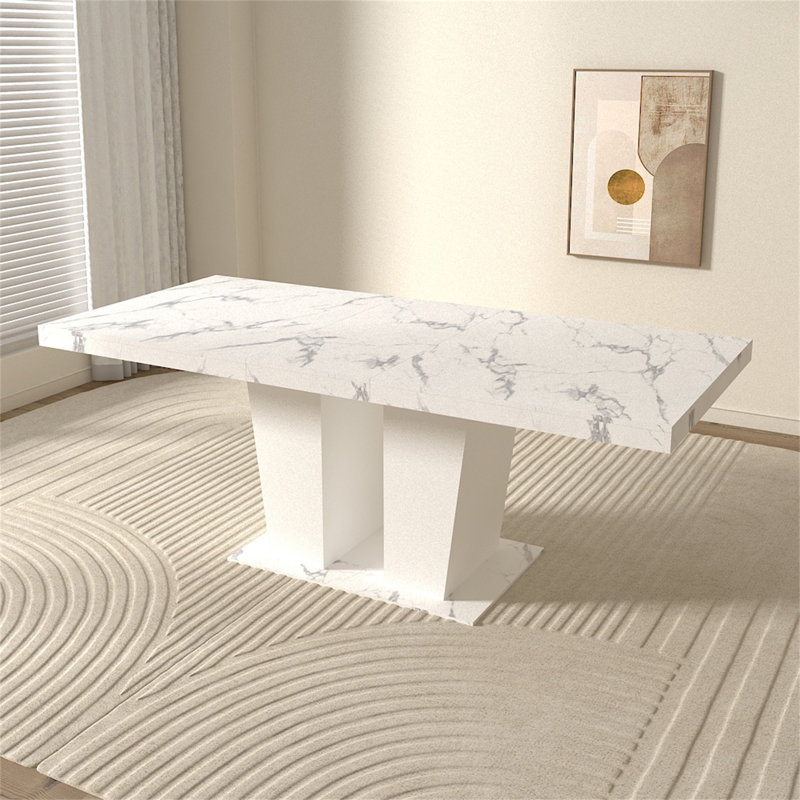 Table de salle à manger extensible pour 6-10 moderne table de cuisine en faux marbre blanc avec base à double colonne, grande table de salle à manger