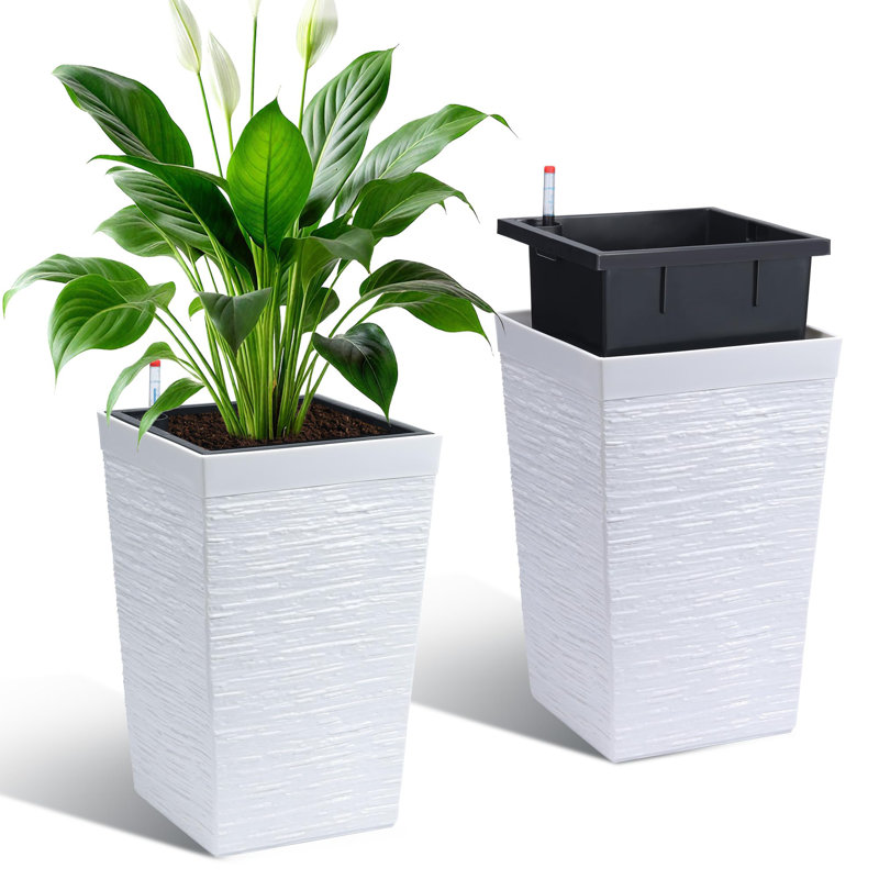 16" Set of 2 Tall Planters with Drainage Holes＆Water Level Monitor for Outdoor＆Indoor, White