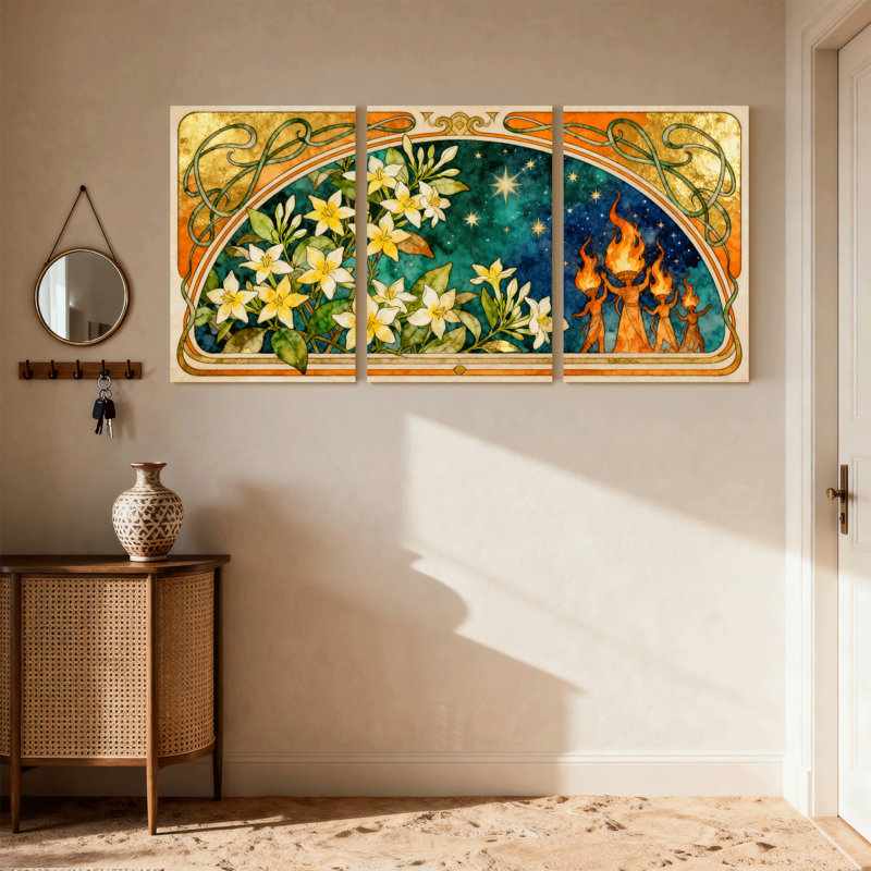 Fantasy & Sci-Fi Floral Stars Fire Artistic Design Pattern Print Set of 3 Canvas Wall Art Prints, 18" H x 36" W