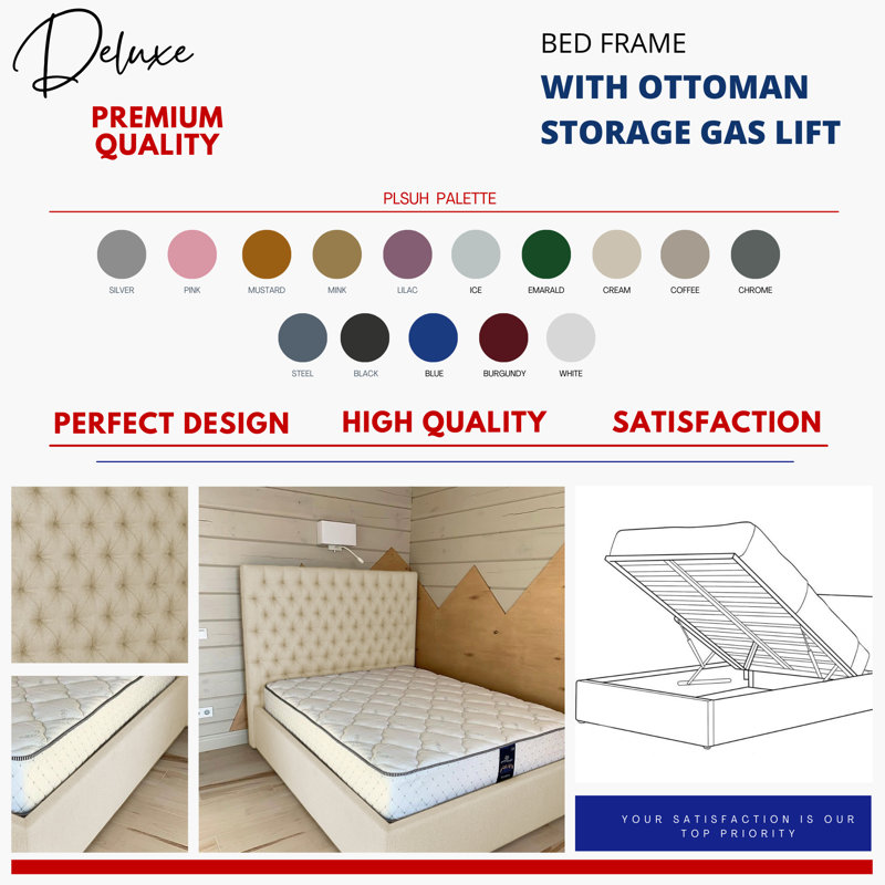 Upholstered Velvet Lift Up Storage Bed, Double (4'6), Cream