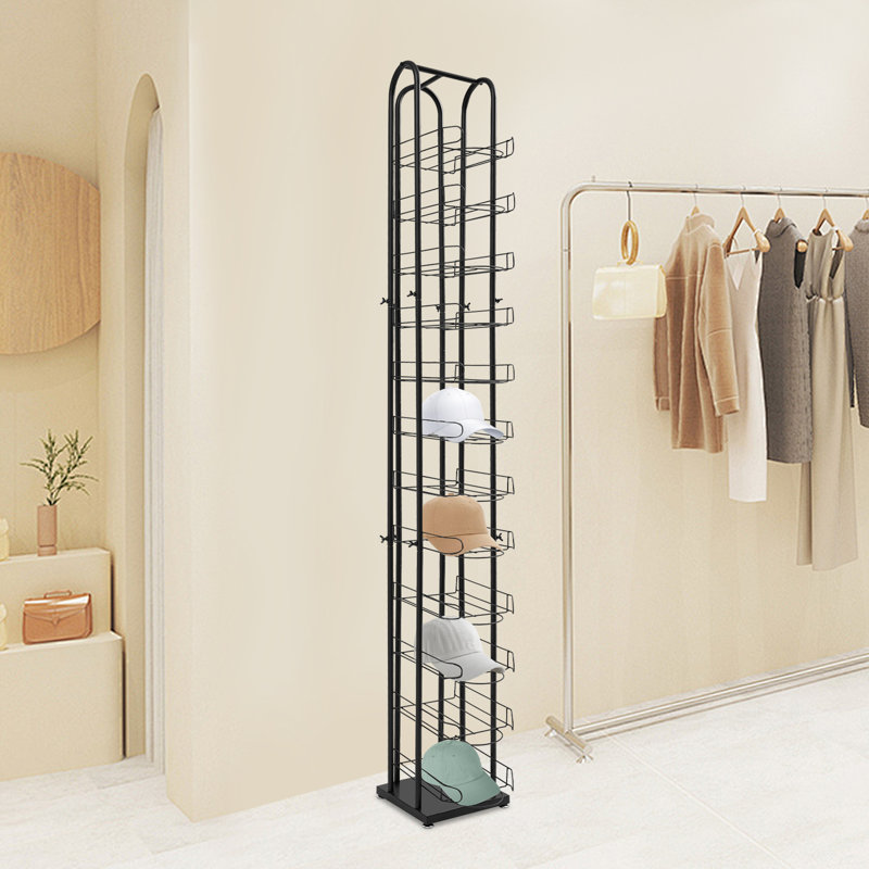 Présentoir à chapeaux autoportant à 12 niveaux, en fer, avec base rectangulaire et pieds réglables, idéal pour la maison et les magasins.