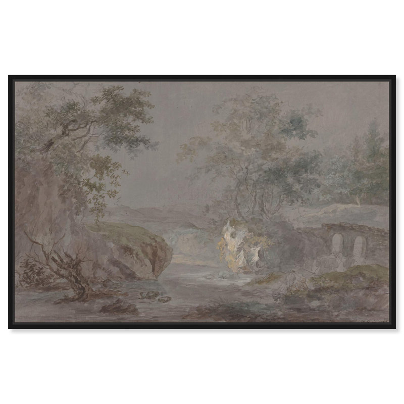 «Wooded Cliff», art de paysage rétro par Art Remedy, H 11 po x l 16 po x P 1,2 po, Cadre noir