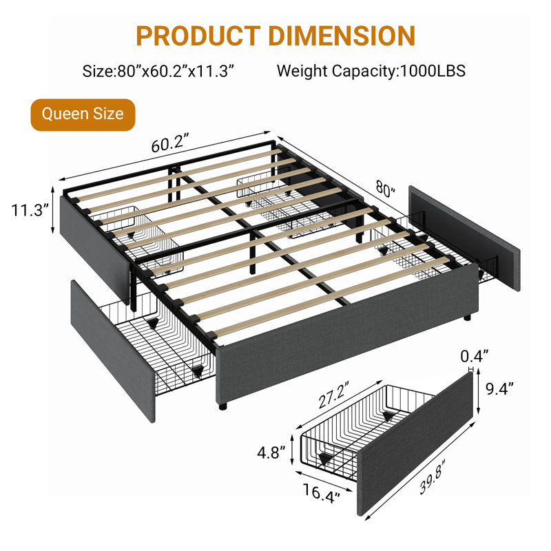 Structure de lit plateforme avec rangement moderne - 4 tiroirs spacieux, revêtue de tissu gris foncé, lattes de bois robustes, silencieuse, aucun sommier requis, assemblage facile - grand lit, gris foncé