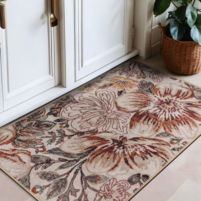 Tapis de sol Botanical Bloom couleur crème ivoire, lavable à la machine, en polyester avec envers antidérapant