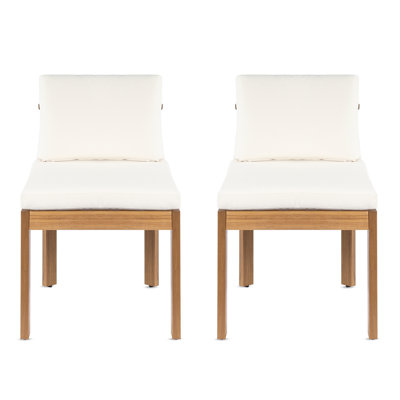 Acacia Wood Outdoor Dining Chair (Set of 2), Teak Finish Wood + Cream Cushions