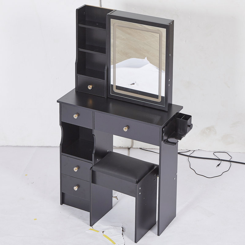 Small Size Left Drawer Desktop Vanity Table + Cushioned Stool, 2 AC+2 USB Power Station, Hair Dryer Bracket, Extra Large Touch Control Sliding LED Mirror, Tri-Color Switching, EPA,GCC,UL Certificate