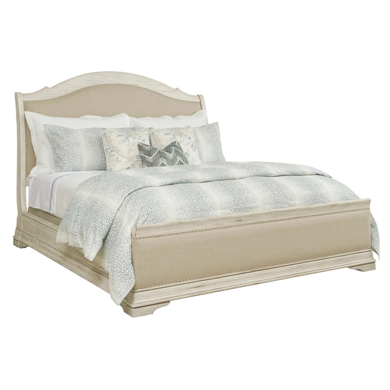 Queen Beige Upholstered Wood Frame Scalloped Bed