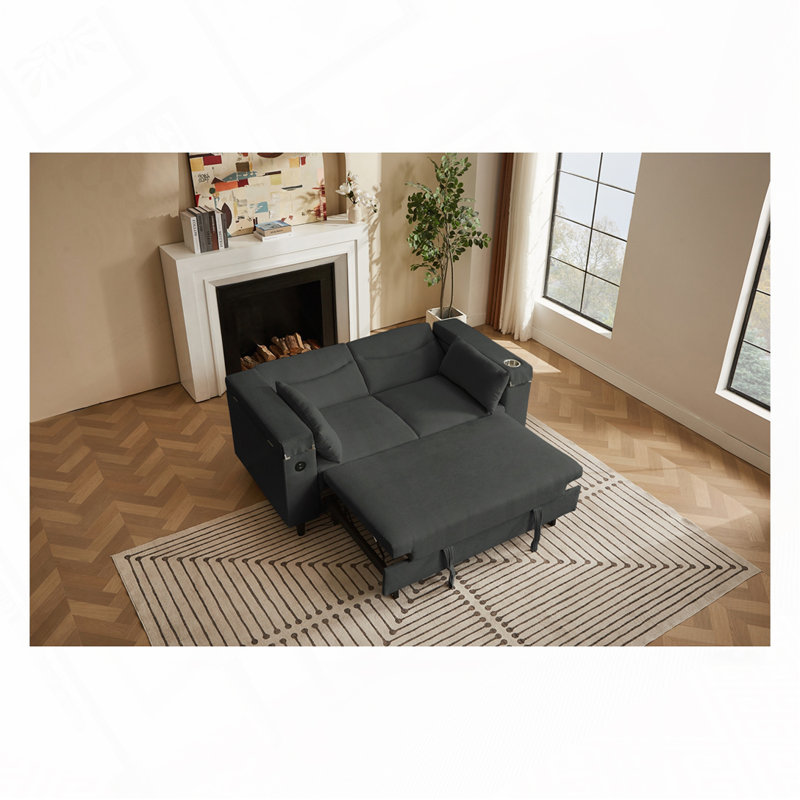 Canapé-lit chenille en tissu avec rangement, port USB, Gris foncé
