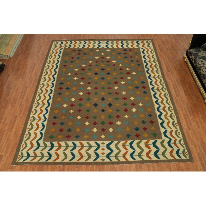 Tapis oriental brun à motif géométrique kilim 12 x 15