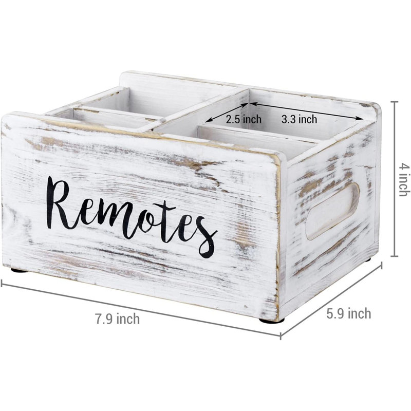 Whitewashed Wood Remote Control Holder Organizer With 4 Compartments, Media Storage Caddy With Cursive REMOTES Design