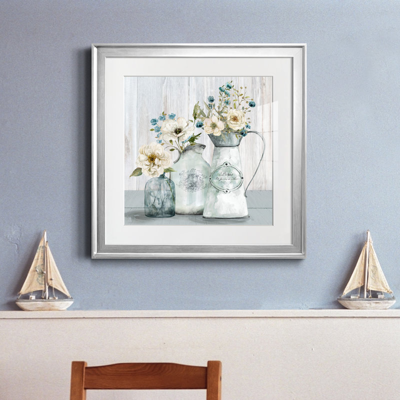 Fleurs de jardin françaises I - Peinture avec cadre photo, H 17,5 po x l 17,5 po x P 1,5 po, Encadrement argenté