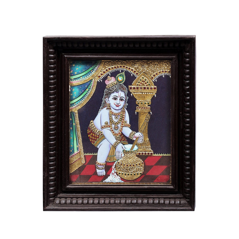 Peinture Makhan Chor Krishna Tanjore | Couleurs traditionnelles avec or 24 carats | Structure en bois de teck