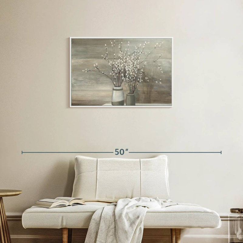 Chatte saule nature morte, pots gris I, Cadre flottant blanc, 31 po x 21 po