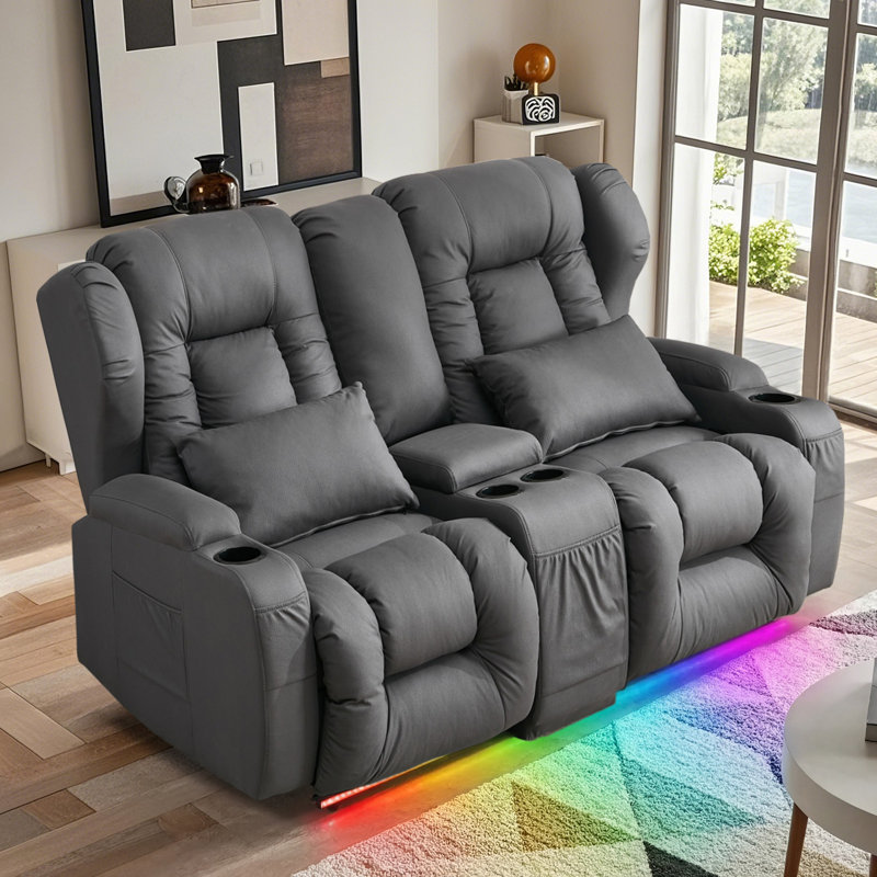 Manual Reclining Loveseat Sofa With Center Console, Cup Holders And LED Lights - Plush Theater Seating, Dark Gray
