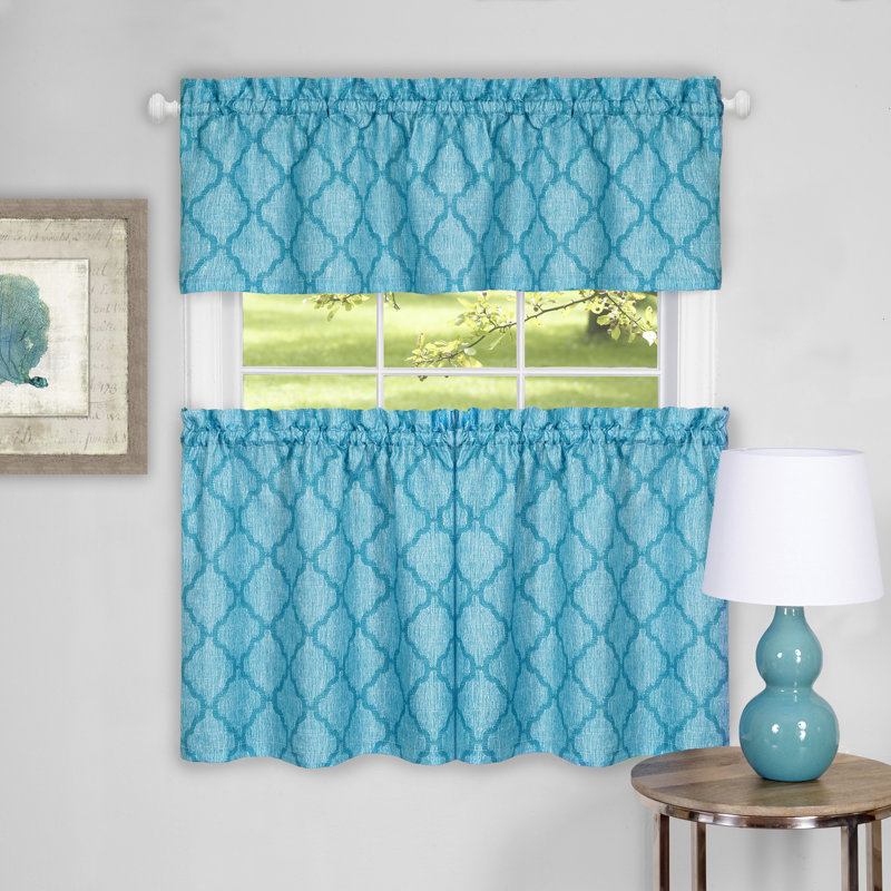 Zoey Geometric Tailored Kitchen Curtain, Turquoise, 58" W x 24" L