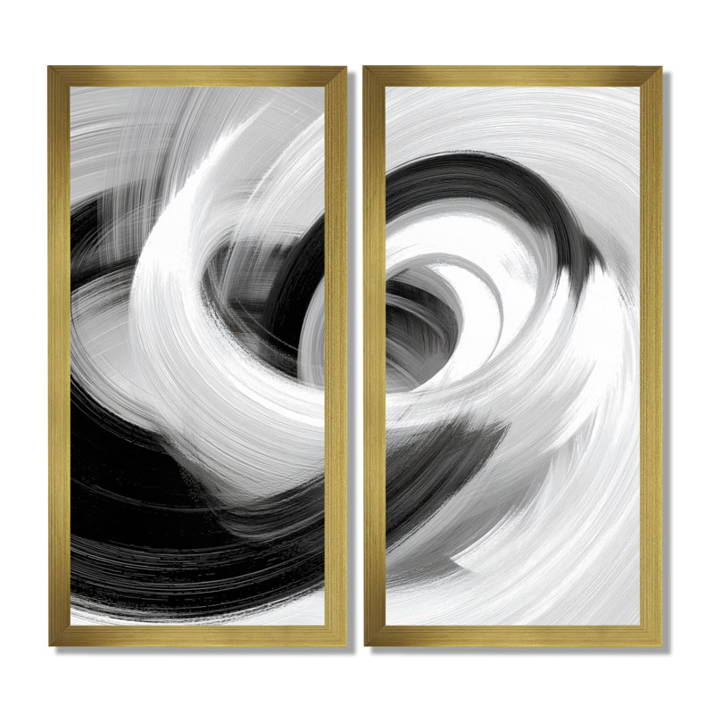 «White and Black Ink Spiral - Abstract Spirals Wall Art Decor», reproduction sur toile abstraite blanche 2 pièces, Doré