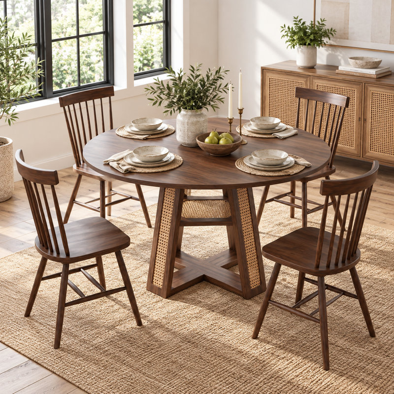 Table de salle à manger extensible ronde pour 4 à 6 personnes avec rallonge amovible et tablette de rangement, noyer