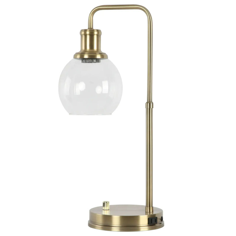 Lampe de bureau dorée avec abat-jour en verre et prise de courant, finition métal, style maison de campagne
