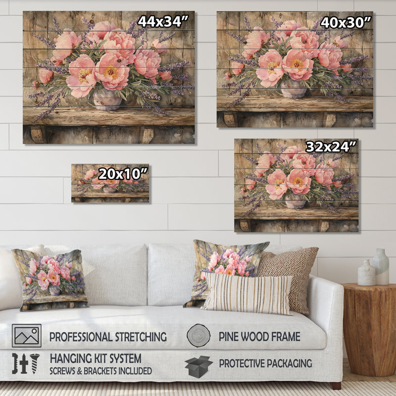 Pivoines et bouquet de lavande II - Art mural en bois pivoines - sur bois de pin naturel, H 10 po x l 20 po x P 0,78 po