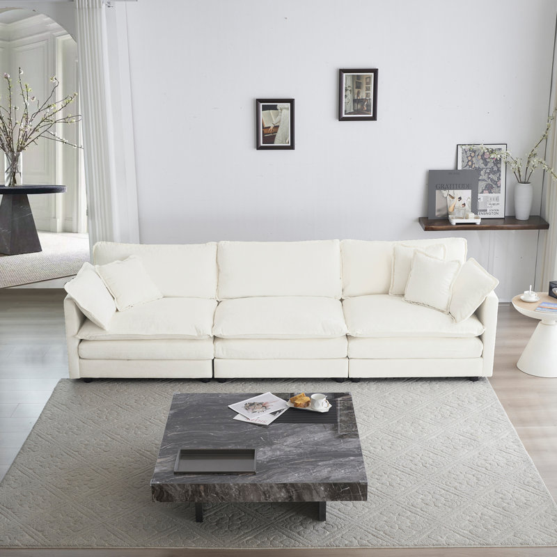 3 chenille moderne de style Mid-Century avec cadre durable pour canapé de salon, chenille blanche, coussins d'accoudoirs, bois, tissu de relaxation respirante