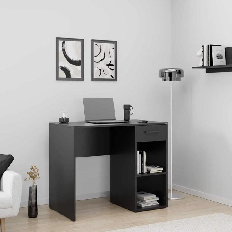 Matt White Study Desk with Drawer & Shelves, Grey